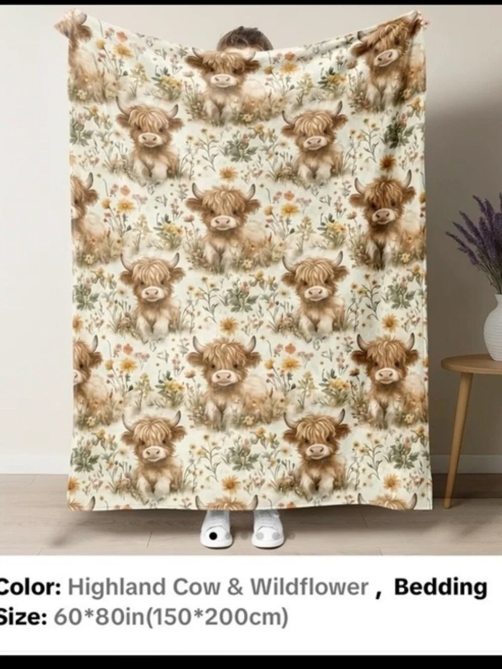 Source Unknown Cream Highland Cow Floral Throw Blanket